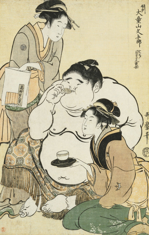 Daidozan Bungoro, the infant prodigy drinking sake and being offered tea by the famous beauty and teahouse waitress Okita of the Naniwaya and biscuits by her rival Ohisa of the Takashimaya